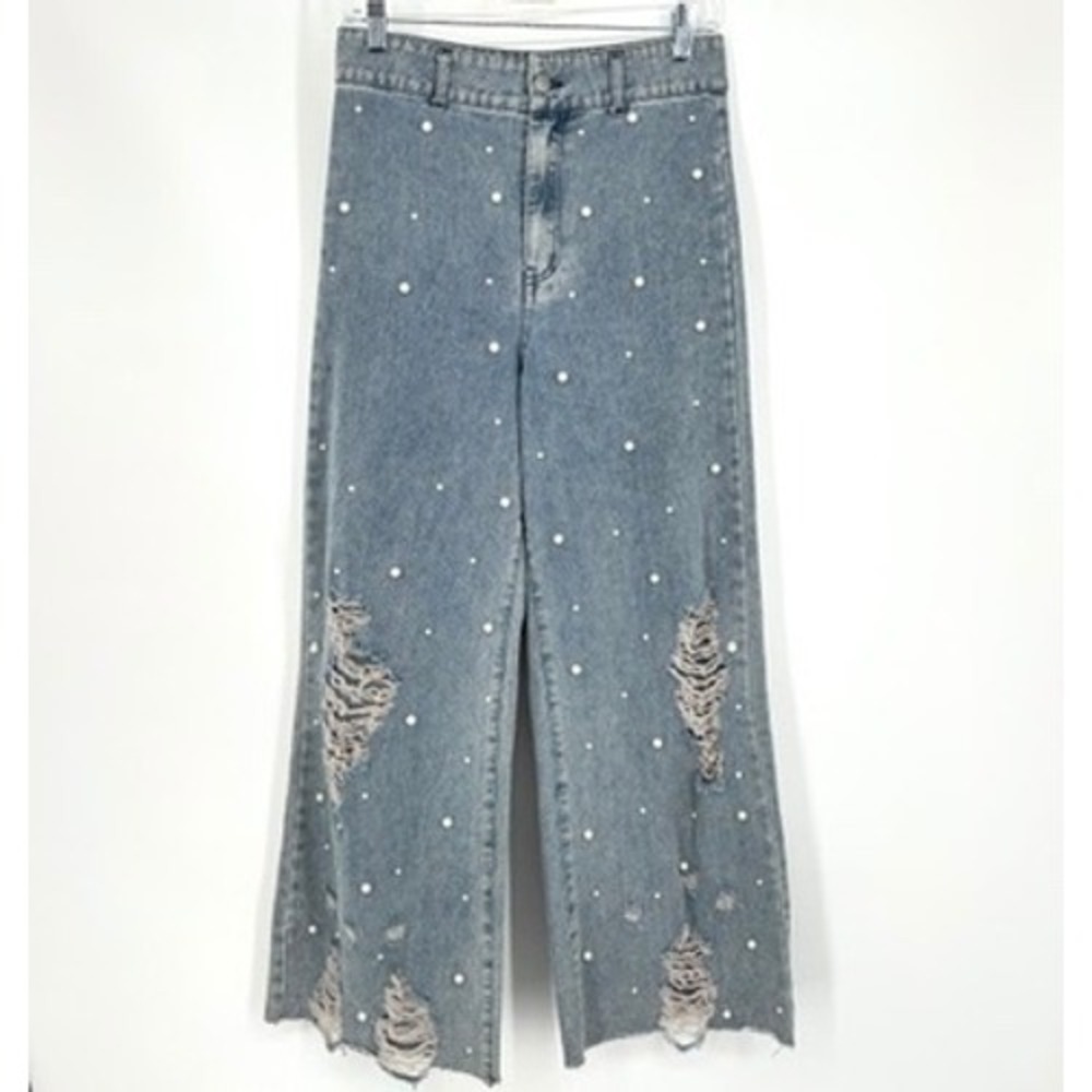Fantastic Fawn Pearl Distressed Wide Leg Jeans Medium Wash High Rise Sizeโ M